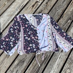 a.n.a Blue and Pink 3/4 Sleeve Wrap Blouse